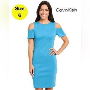 CALVIN KLEIN 🩵 Sky Blue Sheath Dress, Cold Shoulder Sleeves 🩵 (Size 6)